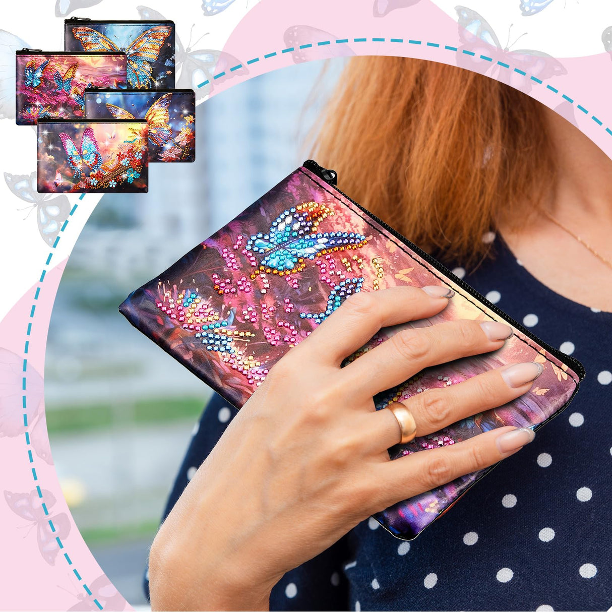 Silkfly 4 Pcs Diamond Painting Art Makeup Bags DIY Purses Toiletry 5d Handmade Double Design Diamond Painting Cosmetic Bags Bulk with Zipper Rhinestone Accessories for Women(Butterfly) Silkfly