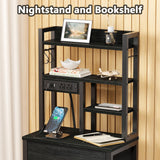Furnulem Tall Nightstand, LED Night Stand with Charging Station and USB Ports, 4 Fabric Drawers and 4 Tier Storage Shelf, Nightstands Bedside Tables for Bedroom, Dorm, Office (Black Oak) Furnulem