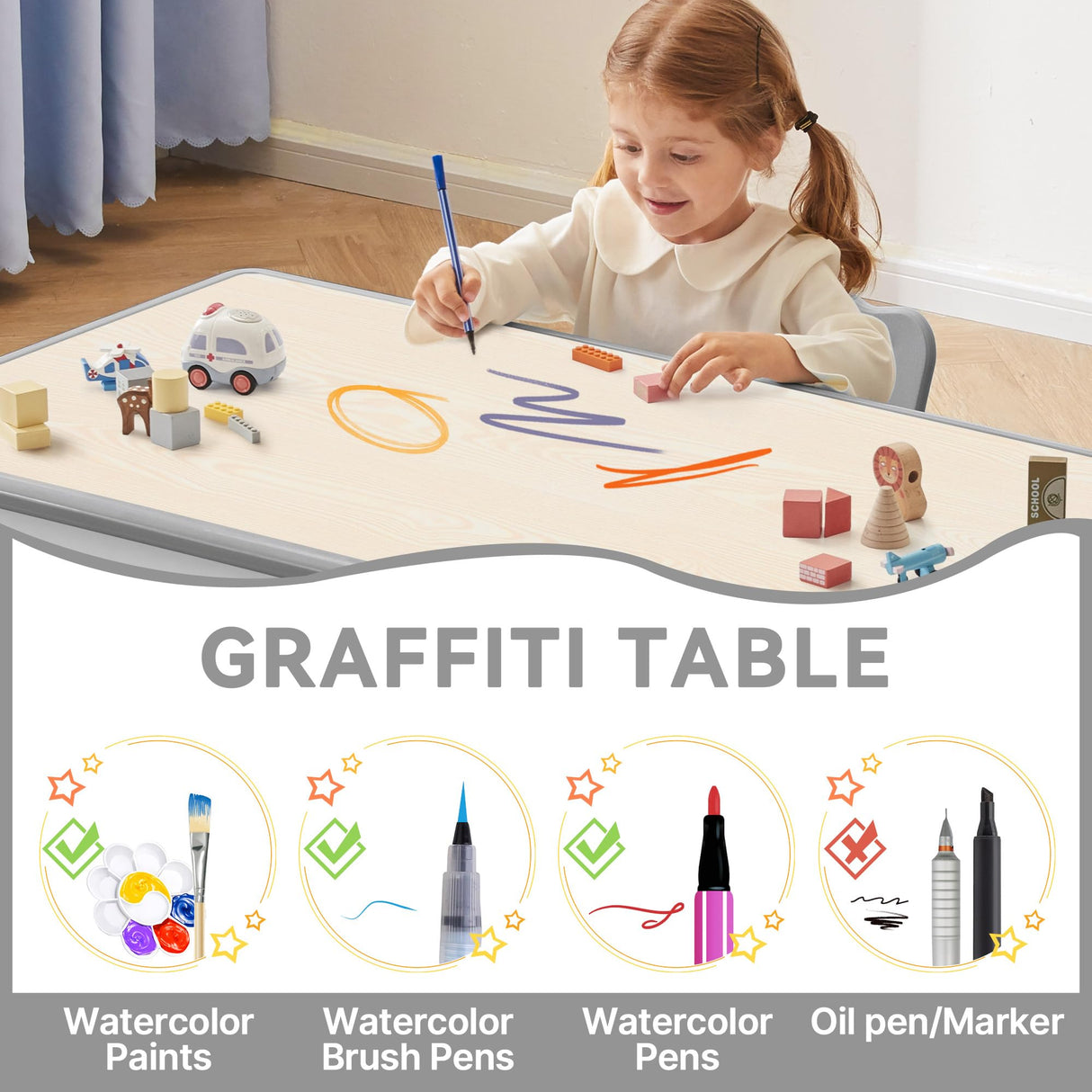 GITAWUSA Kids Study Table and Chairs Set, Height Adjustable Toddler Table and Chair Set for Kids Ages 3-8, 31.5" L x 23.6" W Graffiti Desktop Plastic Children Art Table with 4 Seats, Grey GITAWUSA
