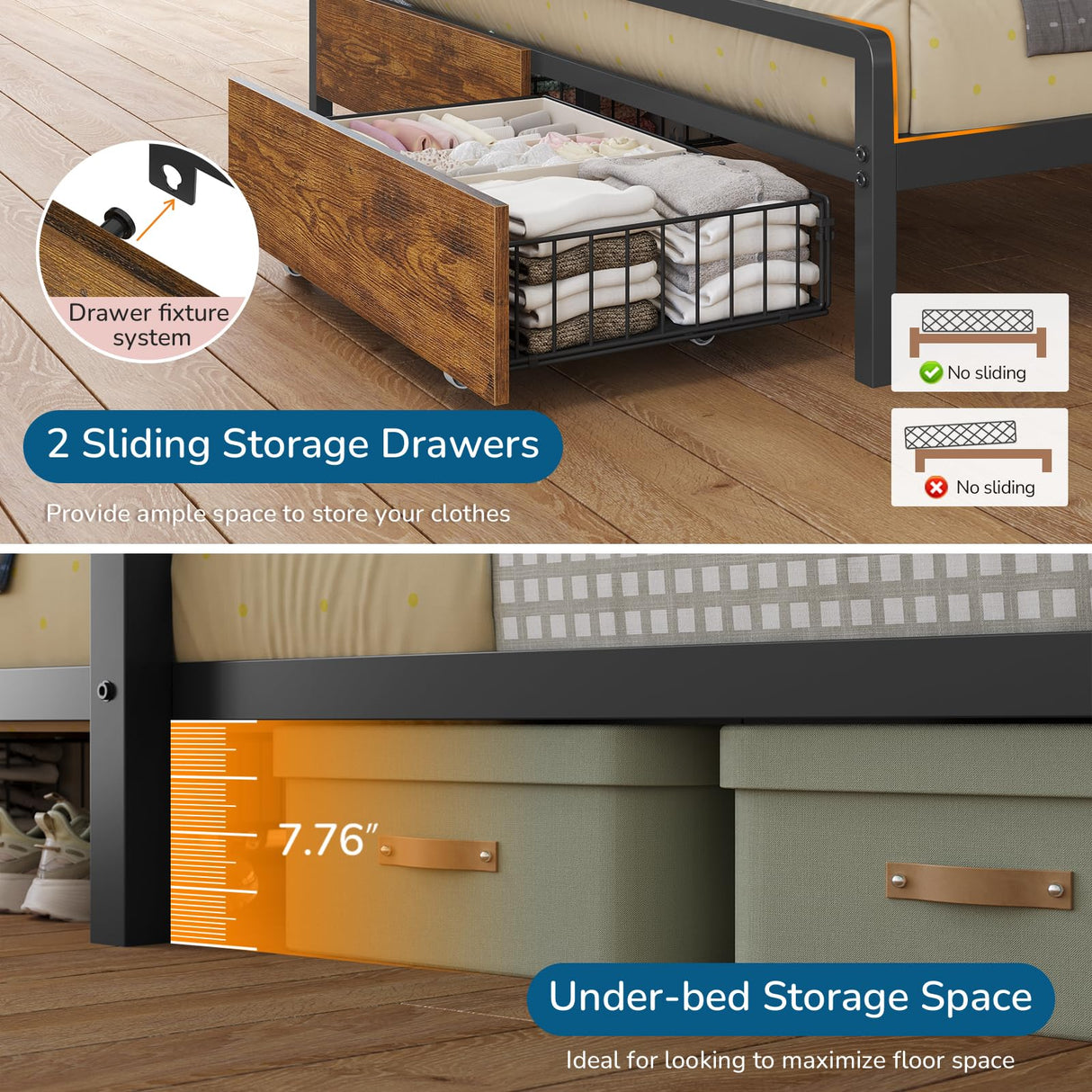 Twin Over Full Size Bunk Bed with 4 Storage Drawers and Bookshelf, Metal Bunk Beds with LED Lights, Charging Station, Loft Bunk Bed with Pegboard, Safety Guardrail and Ladders, for Kids, Teens, Adults mojiasion