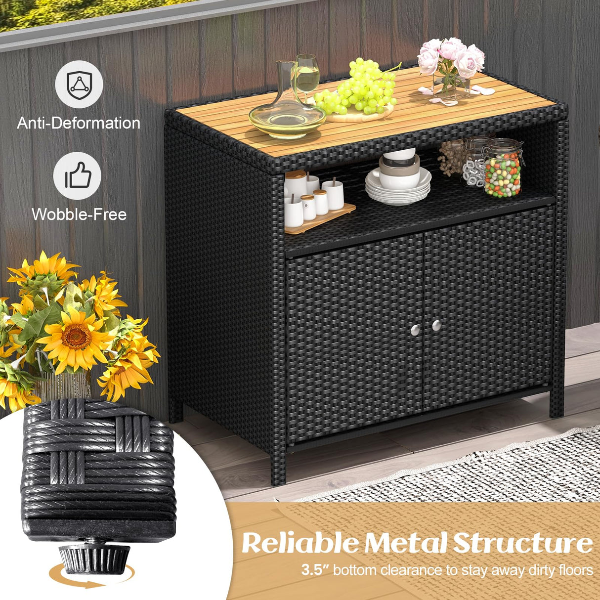 Tangkula Rattan Storage Cabinet, Outdoor Patiojoy Buffet Cabinet with Acacia Wood Countertop, Open Compartment & Enclosed Cabinet, 2-Door Wicker Sideboard, Storage Organizer for Poolside (Black) Tangkula