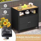 Tangkula Rattan Storage Cabinet, Outdoor Patiojoy Buffet Cabinet with Acacia Wood Countertop, Open Compartment & Enclosed Cabinet, 2-Door Wicker Sideboard, Storage Organizer for Poolside (Black) Tangkula