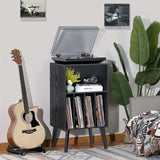 Lerliuo Record Player Stand, Black Turntable Stand Holds up to 160 Albums, Mid-Century Vinyl Storage Cabinet Table with Solid Wood Legs, Record Player Holder Dispaly Shelf for Bedroom Living Room Lerliuo