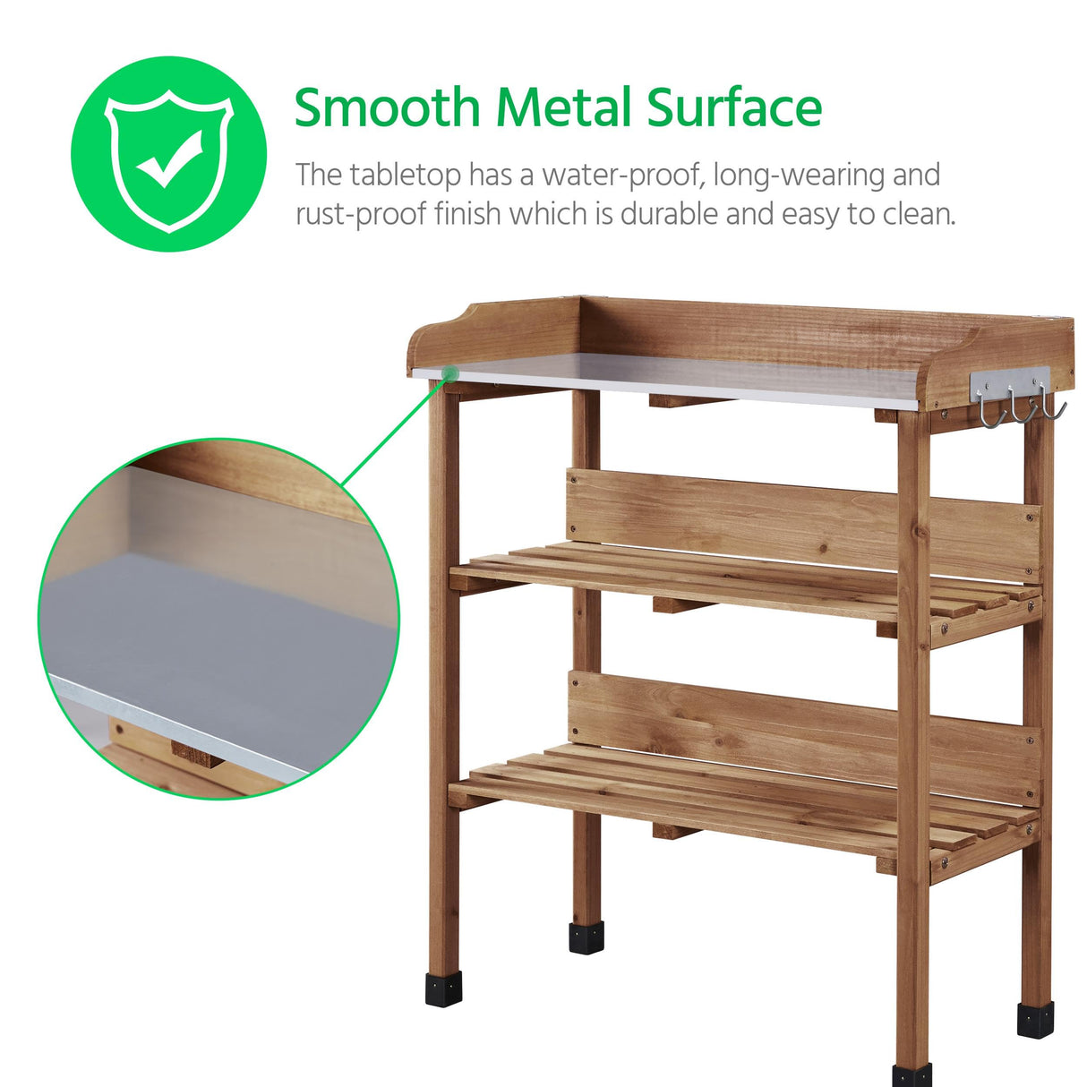 Yaheetech Outdoor Garden Potting Bench Table, Wooden Horticulture Planting Worstation w/Metal Tabletop/Storage Shelf/3 Hooks, Brown Yaheetech