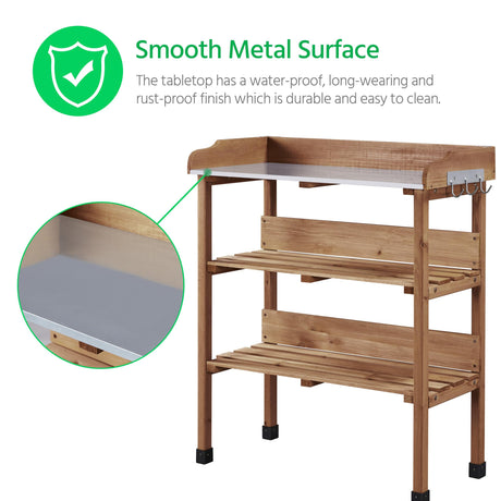 Yaheetech Outdoor Garden Potting Bench Table, Wooden Horticulture Planting Worstation w/Metal Tabletop/Storage Shelf/3 Hooks, Brown Yaheetech