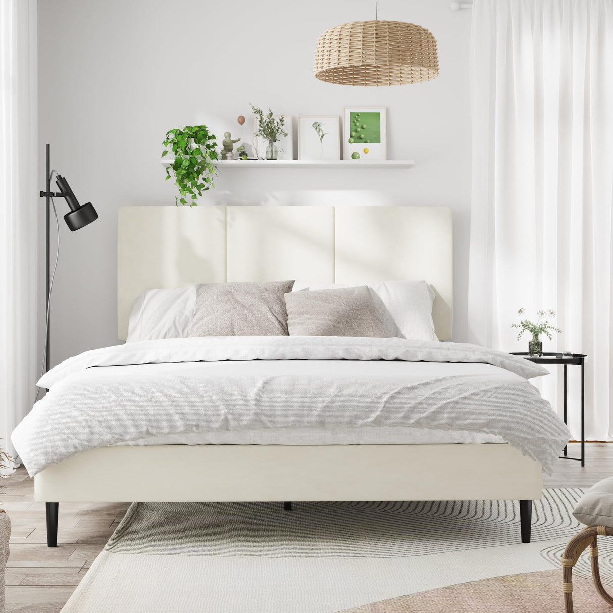 IOILORI Queen Size Bed Frame with Headboard, Vertical Channel Tufted Heavy Duty Queen Platform Bed Frame, No Springs Required, Easy to Assemble, Beige IOILORI