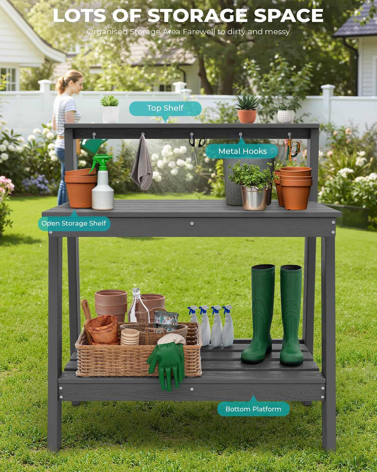 SERWALL Potting Bench Outdoor with Storage, 3-Tier HDPE Gardening Table with Angled Legs & Tool Hooks, All-Weather Heavy Duty Potting Table for Patio, Backyard, Garden, Gray SERWALL