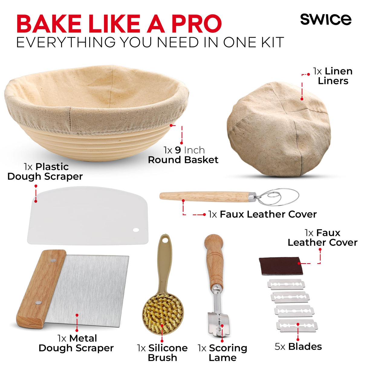 Swice Bread Proofing Basket, Round 9-Inch Banneton Sourdough Starter Kit with Lame, Dough Scraper, Linen Liner, and Basting Brush, Complete Bread Making Supplies and Tools Swice