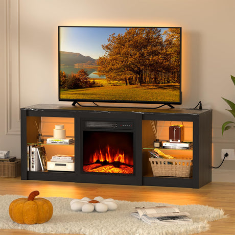 BREEZEHEAT 58inch Electric Fireplace TV Stand for 65'' TV-Entertainment Center with 18'' Fireplace and Led Light-TV Console with Glass Shelves, Power Outlets, Remote Control (Black Marble) BREEZEHEAT