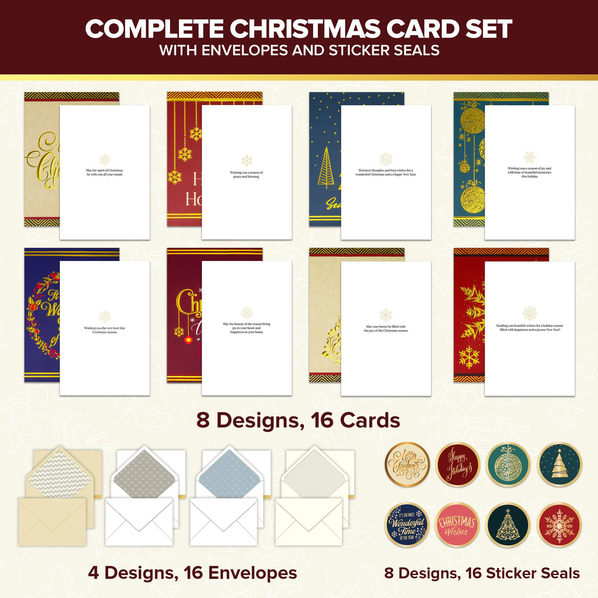 Decorably 16 Pack Gold Foil Embossed 5x7in Merry Christmas Cards with Envelopes and Stickers, 8 Elegant Designs Assorted Christmas Cards Boxed with Envelopes, with Printed Message Inside Decorably