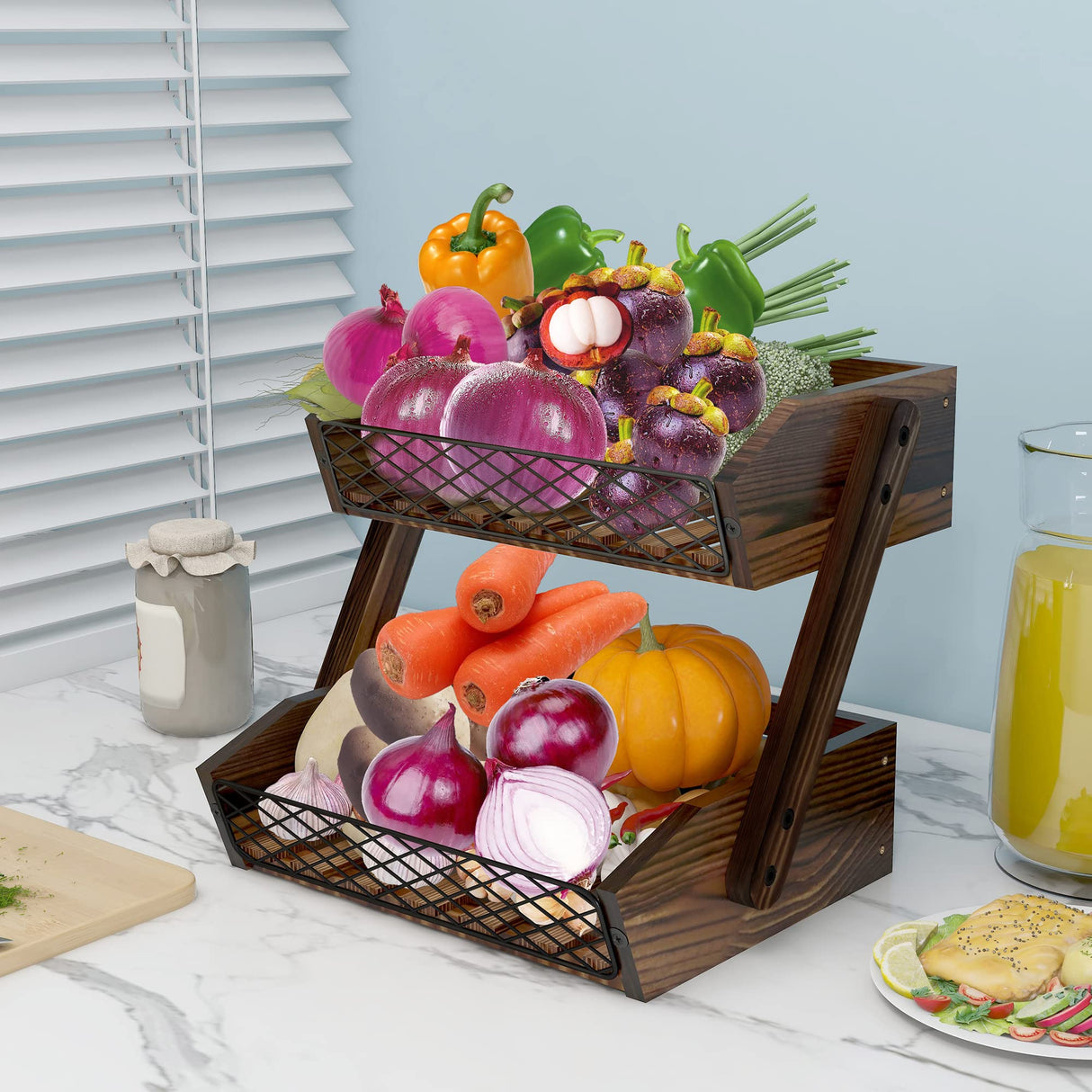 Dorhors Fruit Basket for Kitchen, 2 Tier Fruit Bowl,Kitchen Counter Organizer,Wooden Vegetable Holder for Countertop,Bread Storage Basket Stand Dorhors