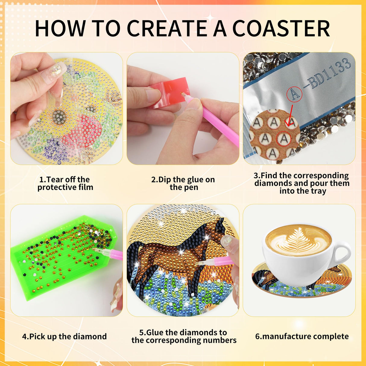 Spring Horse Diamond Art Coasters: 8 Pcs Standing Horse Diamond Painting Coasters with Holder, DIY Crafts Kit for Adults Beginners Home Decor Gifts CRASHOT