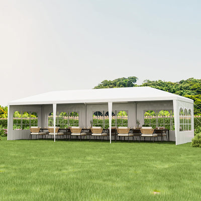 Tangkula 10x30 Ft Heavy Duty Party Tent, Large White Event Tent with 6 Sidewalls & 2 Zippered Door, Outdoor Wedding Tent with Stakes & Ropes for Patio, Backyard, Parties