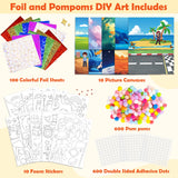 PARTYWIND Foil & Pom poms Art Fun Kit for Kids Ages 4-8 - Unicorns, Princesses, and Ocean DIY Arts & Crafts Supplies, Quiet Time Travel Toys, Birthday Gifts for Girls & Boys Ages 4 5 6 7 8 9 10 11 12 PARTYWIND