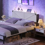 MAHANCRIS Queen Size Headboard Only, Headboard with 2 Outlets and 4 USB Ports, Farmhouse Headboard, with LED Lights, Secure Storage with Raised Fence, with Bed Frame Adapter, White and Black MAHANCRIS