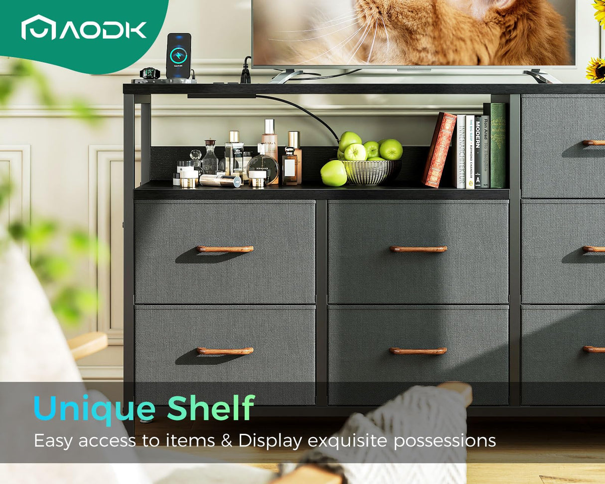 AODK Dresser with Charging Station, 52-Inch Long Dresser for Bedroom with 7 Large Fabric Drawers, Dresser TV Stand with Open Shelves for 55-Inch TV, Dark Grey AODK