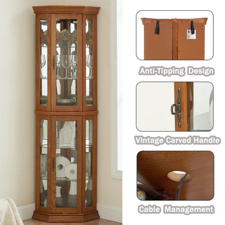 XZTUAJ 69" H Corner Curio Cabinet with Light,3-Side Glass Corner Display Case with Adjustable Shelves & Tempered Glass Doors,Curved Wooden Showcase Corner Storage Rack for Living Room & Kitchen (Oak) XZTUAJ