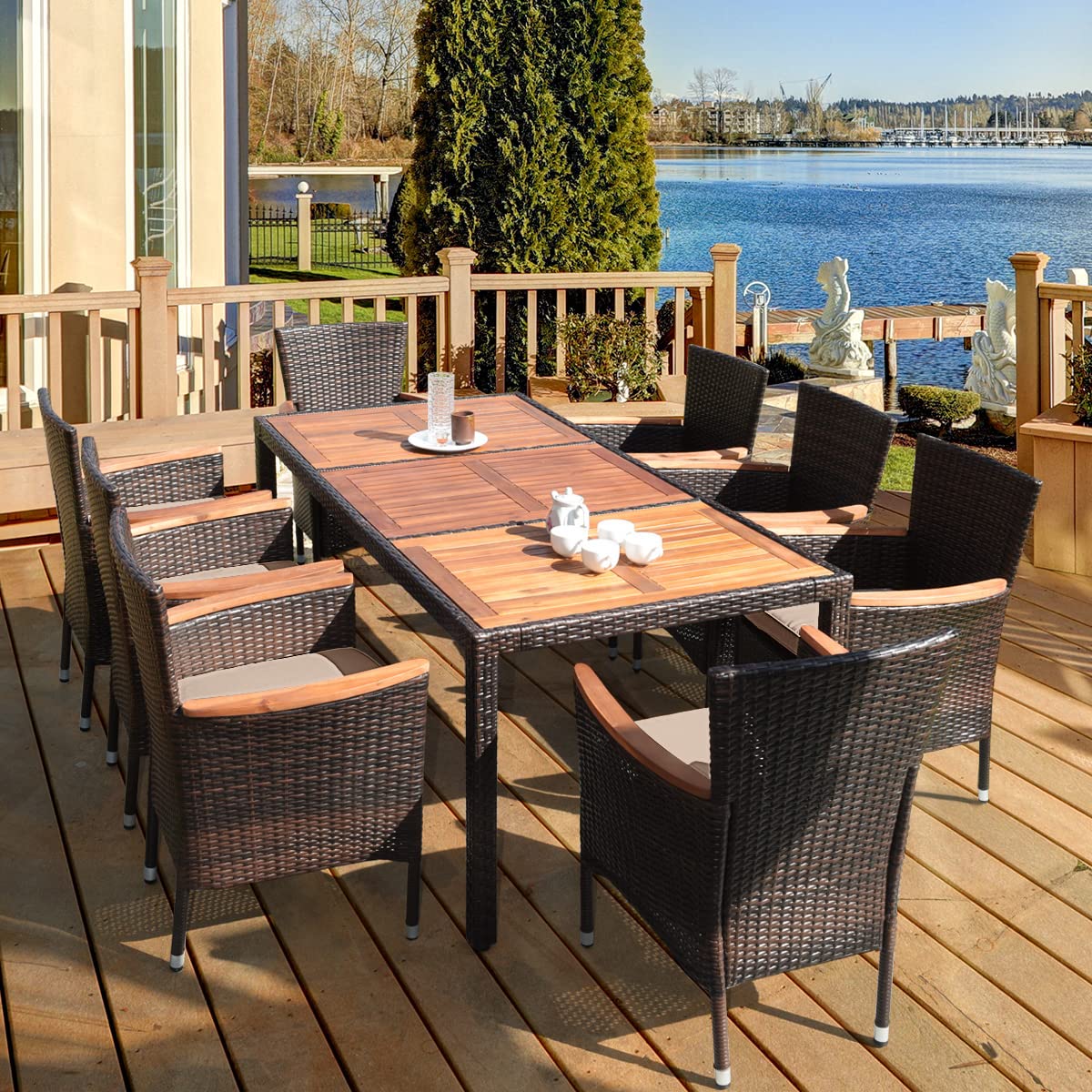 COSTWAY 9PCS Patio Rattan Dining Set 8 Stackable Chairs Cushioned Acacia Wood Table Top - WoodArtSupply