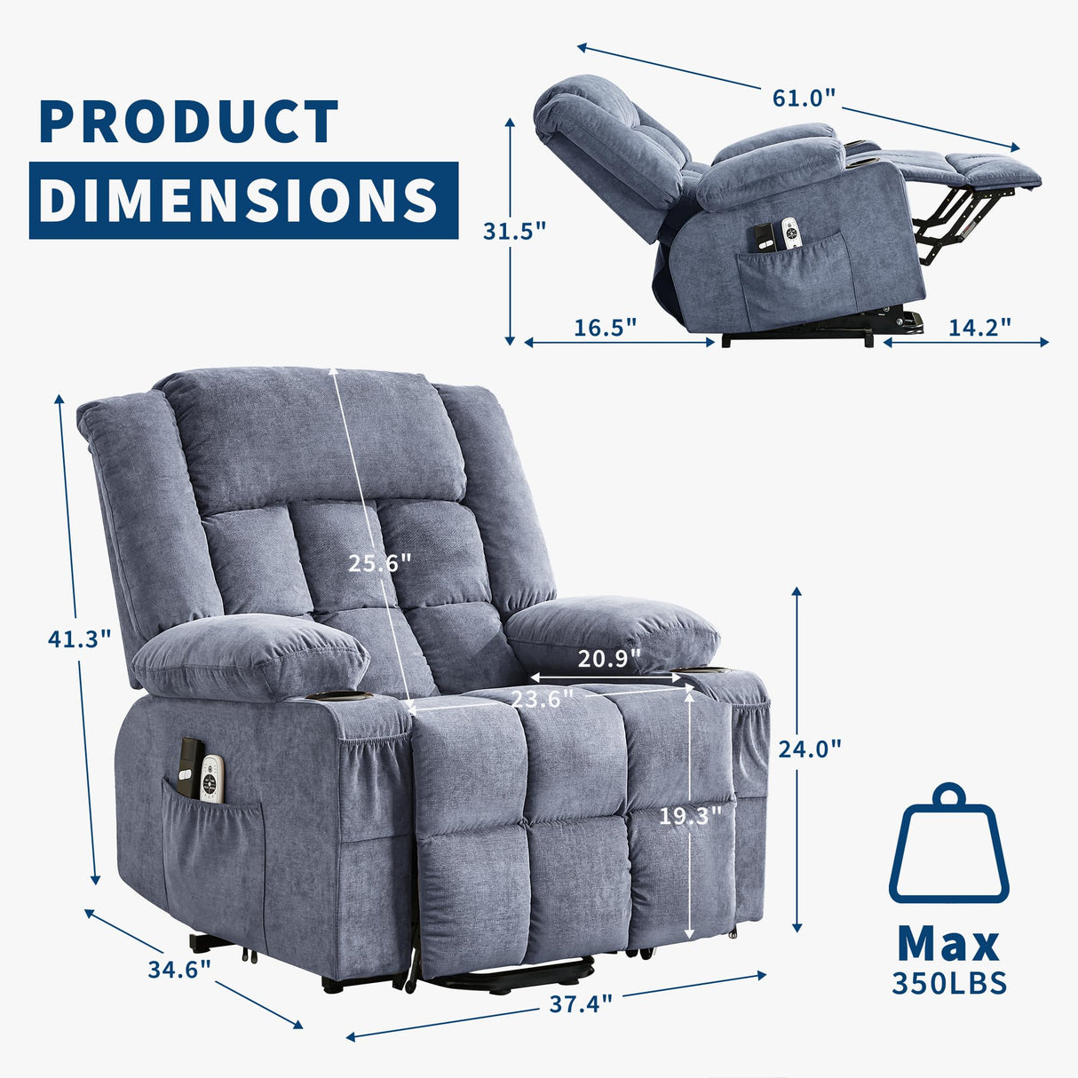 Large Power Lift Recliner Chair for Elderly Overstuffed Wide Electric Lift Chair with Heat and Massage for Big and Tall Adults Reclining Sofa Chair with 2 Cup Holders, Side Pocket, USB Port, Blue WARMTOBABY