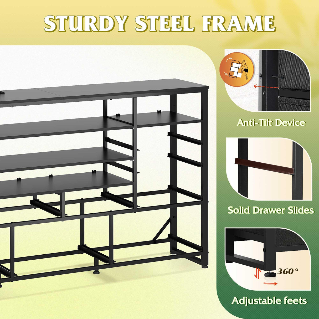 WLIVE Black TV Stand for 55, 60, 65 inch TV, Entertainment Center with LED Lights & Charging Station, TV Media Console Table with 15 Fabric Drawers and Open Shelves for Living Room, Hallway, Wood Topm WLIVE