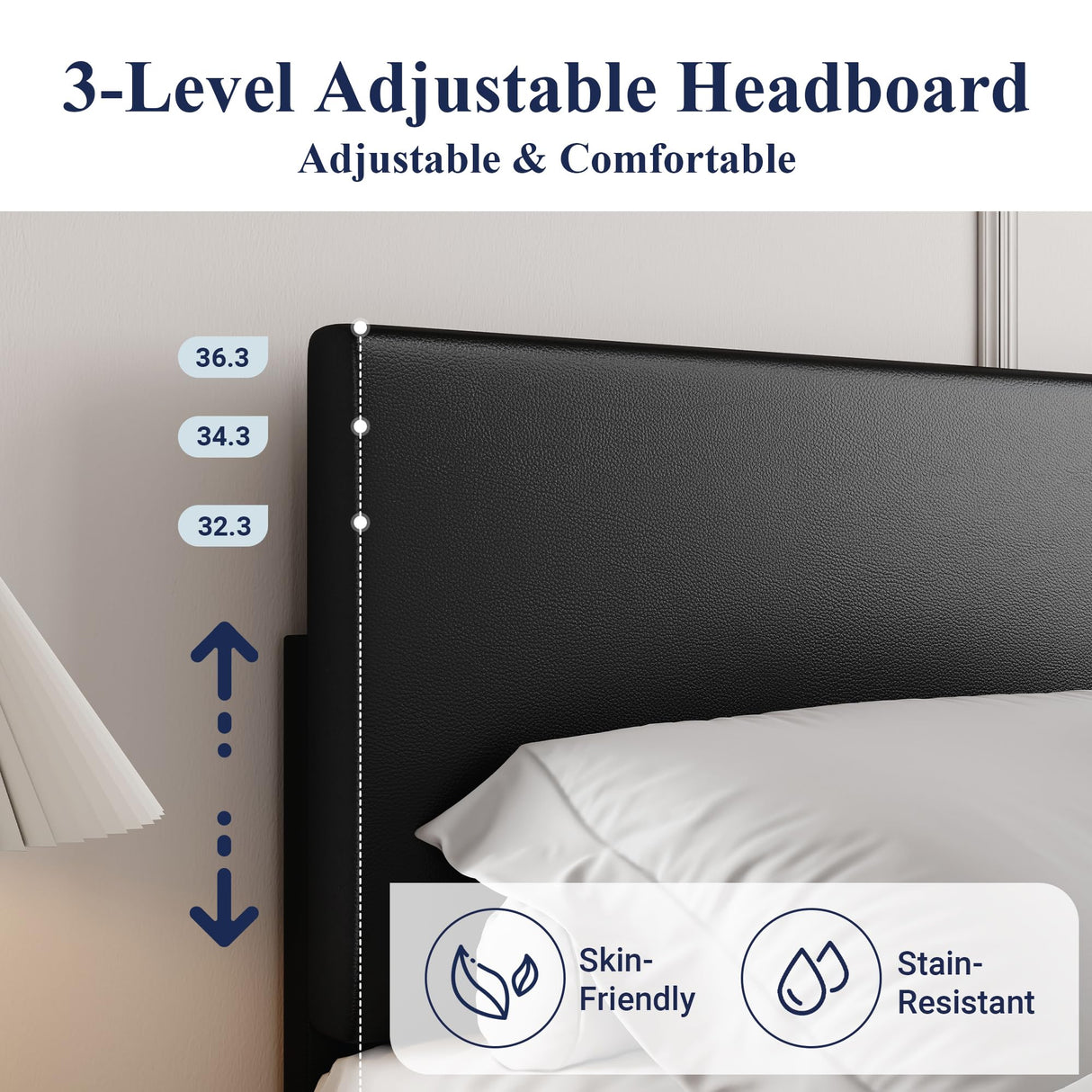 Allewie King Size Bed Frame with Adjustable Headboard, Faux Leather Platform Bed with Wood Slats, Heavy Duty Mattress Foundation, No Box Spring Needed, Noise-Free, Easy Assembly, Black Allewie