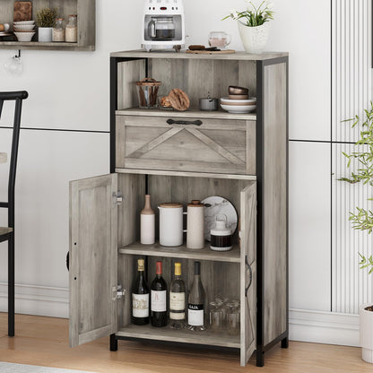 IDEALHOUSE Farmhouse Storage Cabinet, Floor Cabinet with Barn Doors and Drawer, Wood Kitchen Cabinet with Metal Frame, Freestanding Cupboard, for Bathroom, Living Room, Entryway, Grey - WoodArtSupply