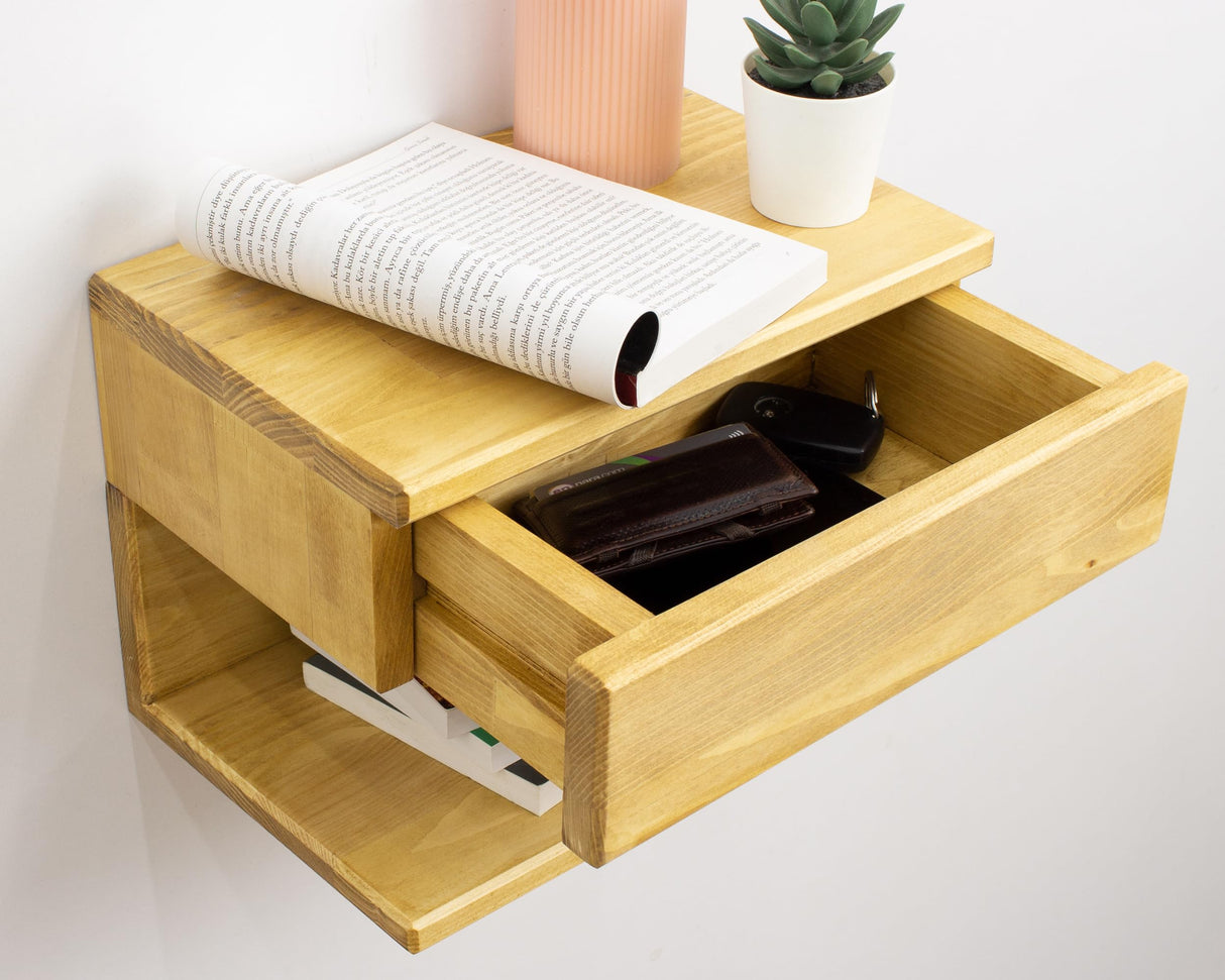 WOODCHES Floating Nightstand Side Accent or End Table with Storage Drawer, Wood Bedside Shelf, Handmade Floating Table (MADRID) WOODCHES