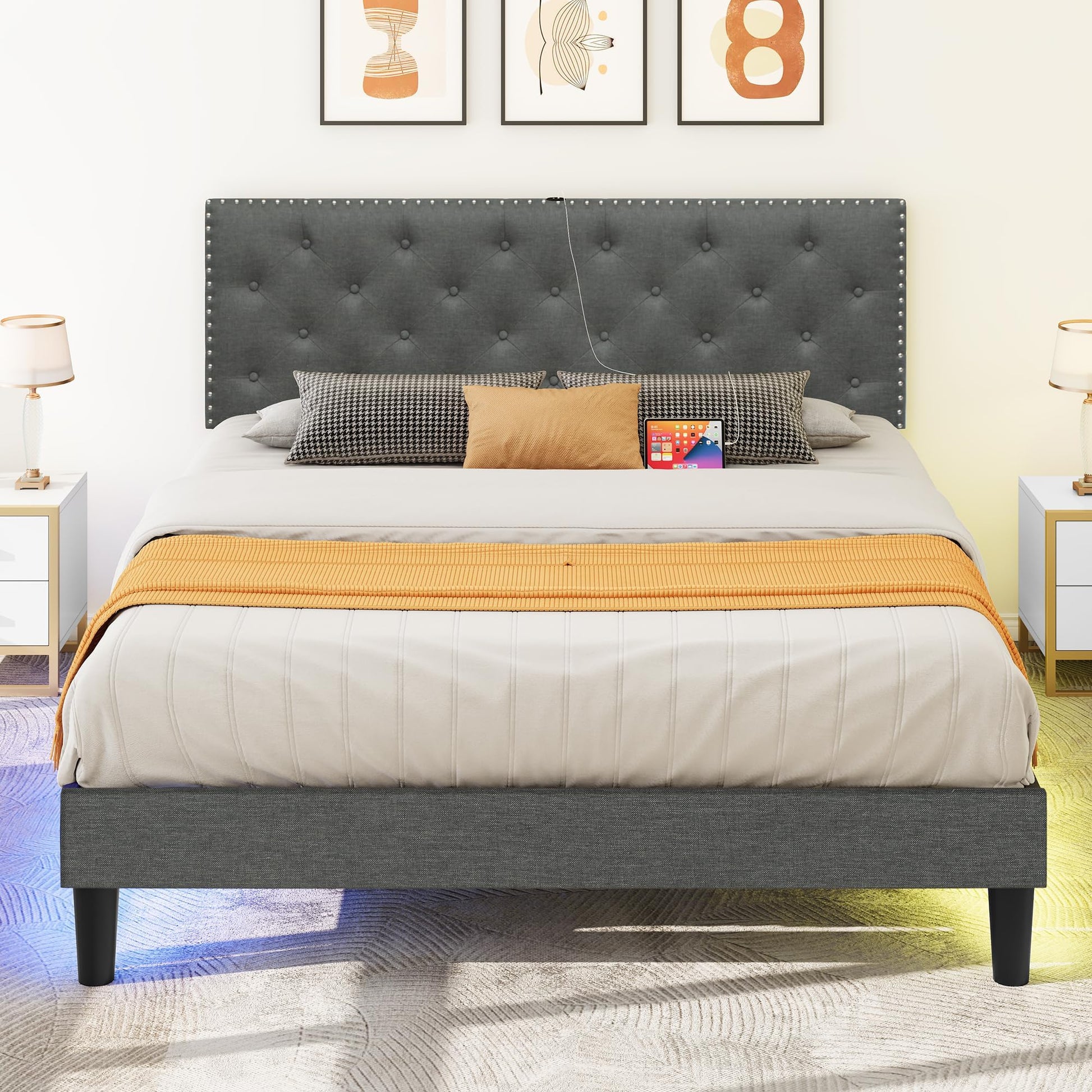 YITAHOME Queen Size LED Bed Frame with Adjustable Diamond Headboard & USB Ports in Grey - WoodArtSupply