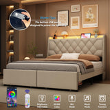 Etditrnp Full Bed Frame with Storage Drawers, LED Bed Frame with Charging Station, Velvet Button Tufted Upholstered Headboard, Wood Slats Support Noise-Free, No Box Spring Needed, Beige Etditrnp