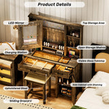 ChicFurnit Farmhouse Makeup Vanity,Vanity Desk with Glass Tabletop & 3 in 1 Charging Station,40'' Vanity Set with Human Body Sensing LED Lights & Hidden Jewelry Cabinet,Stool Included, Vintage Brown ChicFurnit