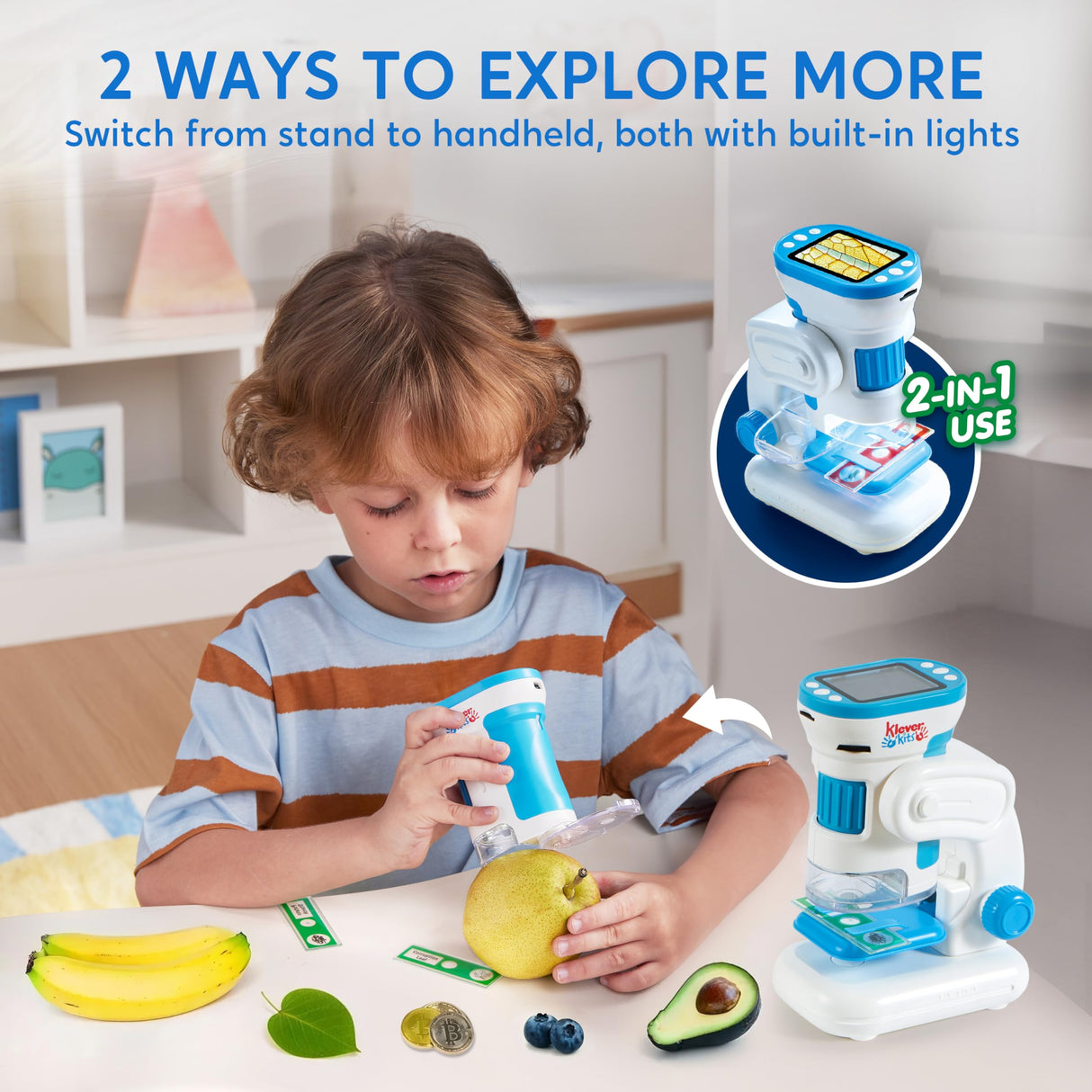 Klever Kits 2 in 1 Handheld Microscope for Kids, 1000X HD Digital Kids Microscope with 2.0'' LED Screen, Portable Pocket Handheld with Slides, 32G Card, Edu Gifts Toys for Ages 5-12 Klever Kits