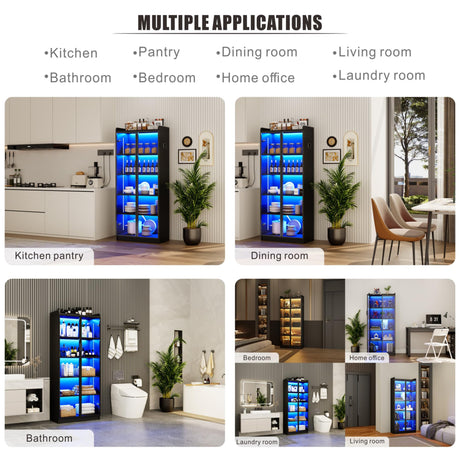 Dystler Display Cabinet with Adjustable Shelves, 65" Tall Bookcase with LED Lights/Human Sensor, 5 Tier Display Case for Collectibles Bedroom Living Room Office, Black - Transparent Acrylic Doors Dystler