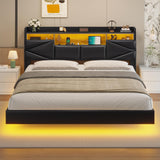 ADORNEVE King Size Floating Bed Frame with LED Lights, Storage Headboard, and Charging Station in PU Black ADORNEVE