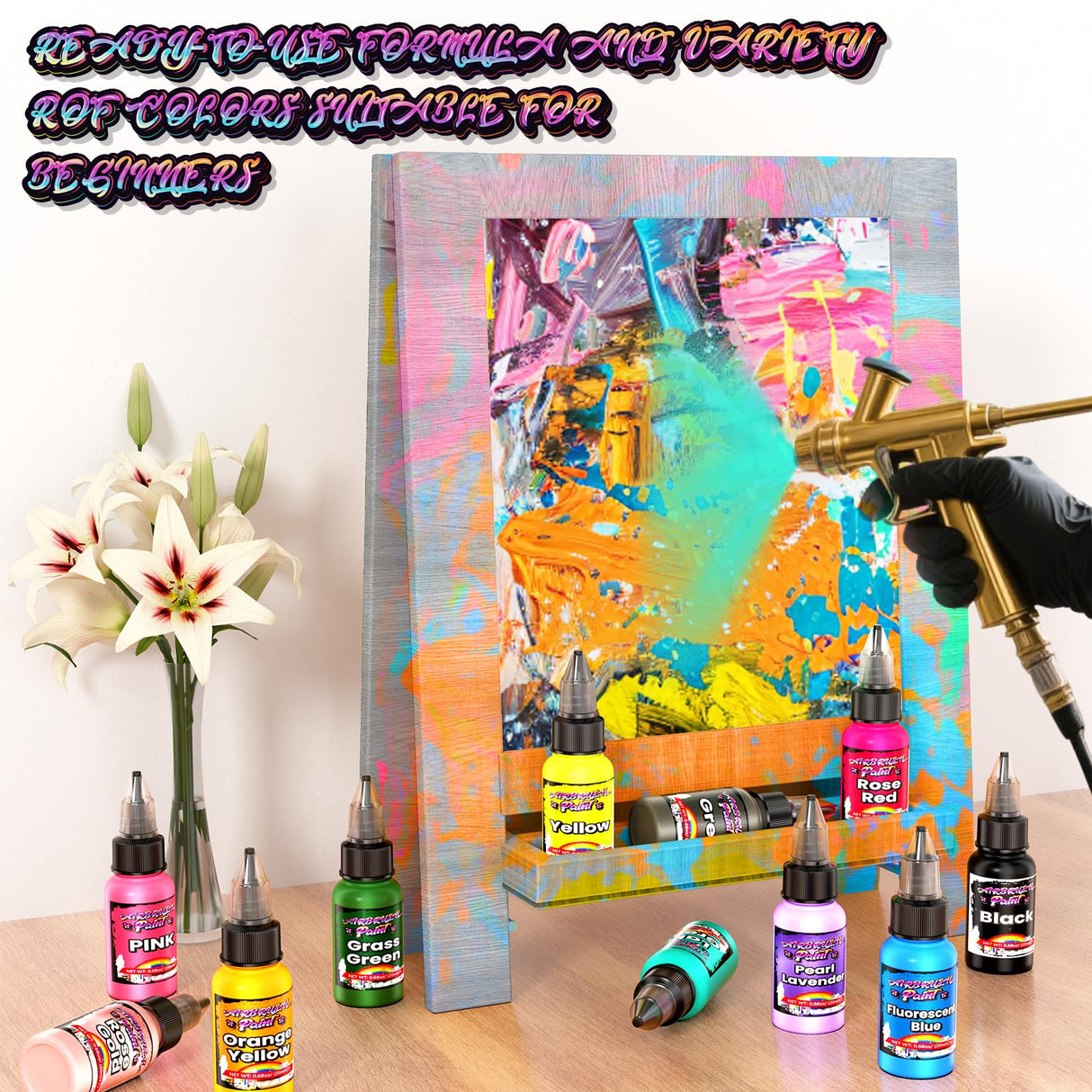 Airbrush Paint Set, 45 Brilliant Colors Air Brush Painting Set with 3 Paint Thinners, Water-Based Acrylic Air Brush Paint for Plastic Models, Metal, Canvas, Wood - 48 Bottles x 0.7 fl oz(20 ml) Muloen