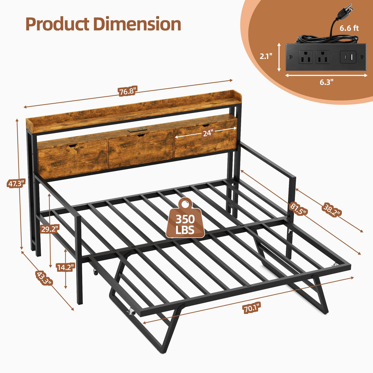 Betterhood Daybed with Trundle, Twin to King Bed Daybed Trundle Bed, Heavy Duty Metal Bed Frame with Storage Headboard & Charging Station, Day Bed Frame for Living Room Bedroom Guest Room Betterhood