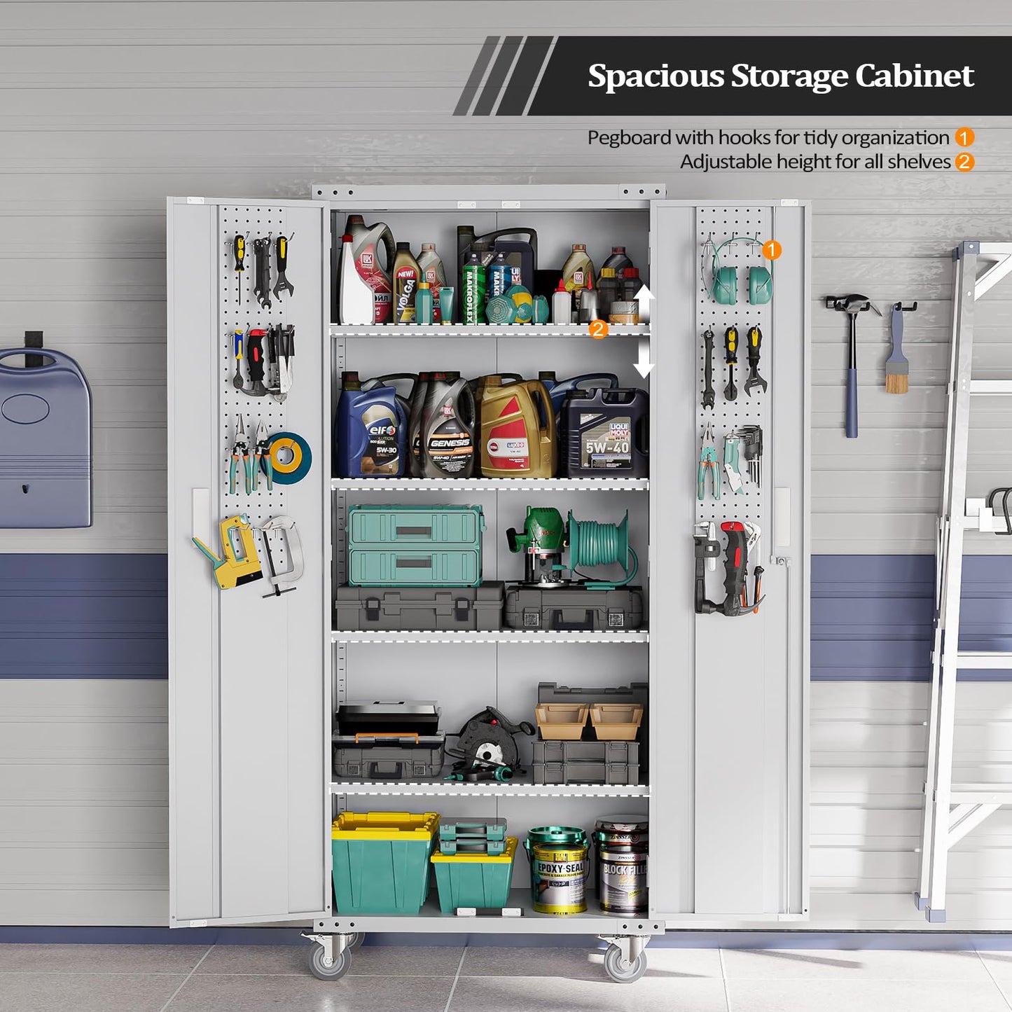 VINGLI 72'' Tall Garage Storage Cabinet, Metal Storage Cabinet with Pegboards, Wheels, Locking Doors and Adjustable Shelves (Gray, 32''W x 16''D x 72''H)