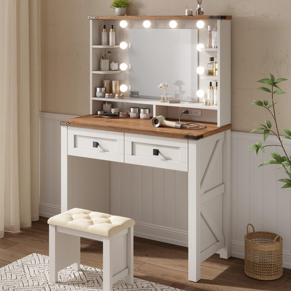EnHomee Vanity Desk with Mirror and Lights 31.5" W Farmhouse Makeup Vanity Desk with Charging Station Vanity Table with 2 Drawers & Shelves 3 Color Modes Adjustable, Stool Not Included, Antique White EnHomee