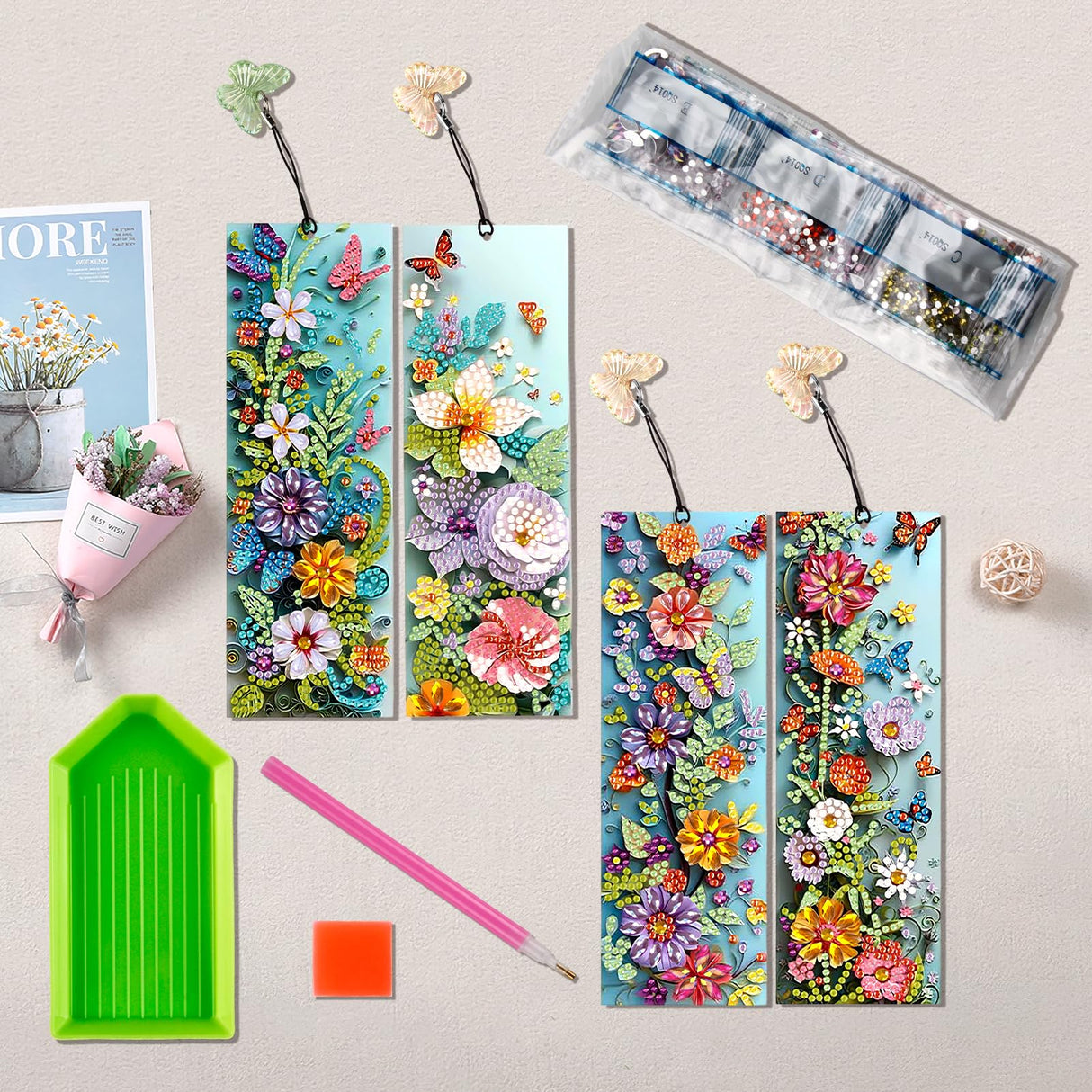 RUIFUU 4 Pcs 5D Flowers and Butterfly Diamond Art Bookmarks,DIY Diamond Painting Book Marks with Rhinestone Tassel for Graduation Birthday Reader Gifts RUIFUU