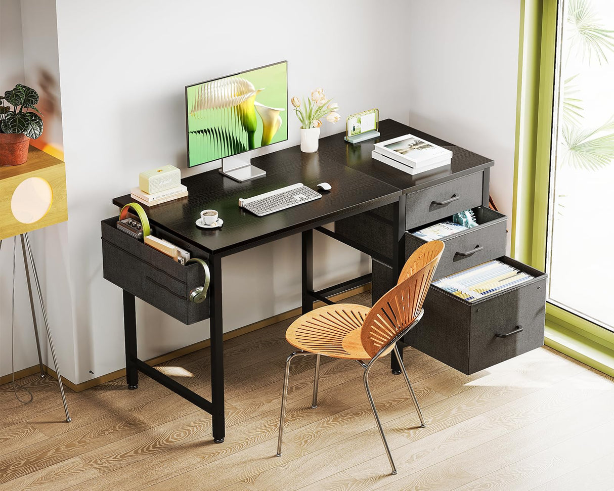 Casaottima 40" Small Computer Home Office Desk for Bedroom with Fabric Drawers & File Cabinet, Cloth Storage Bag and Hook, Writing Study Work Table for Small Space, Black Casaottima
