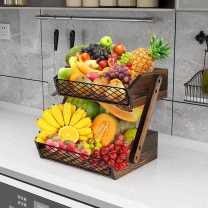 Dorhors Fruit Basket for Kitchen, 2 Tier Fruit Bowl,Kitchen Counter Organizer,Wooden Vegetable Holder for Countertop,Bread Storage Basket Stand