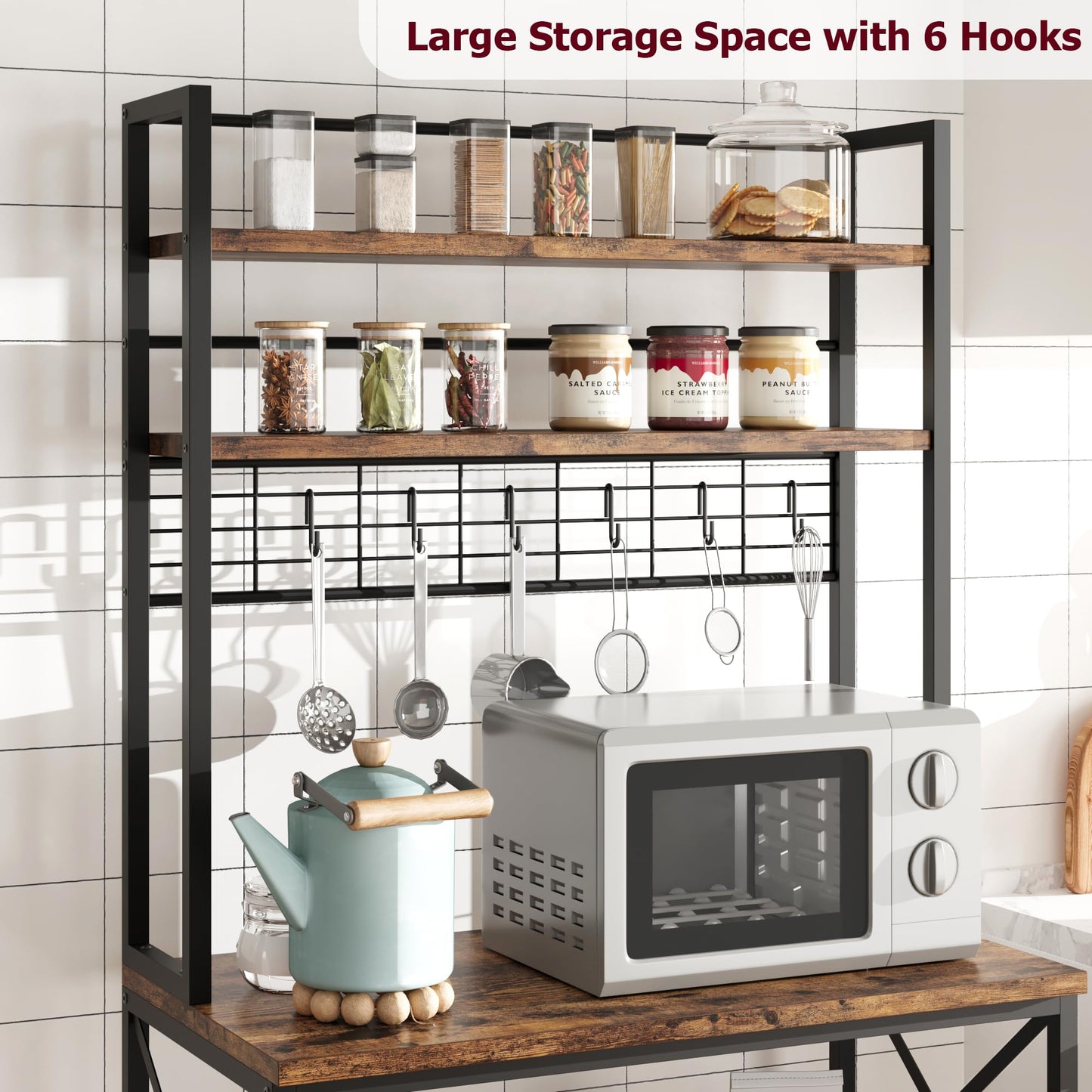 IDEALHOUSE Rustic Brown Kitchen Bakers Rack with 5-Tier Storage & Microwave Stand - WoodArtSupply