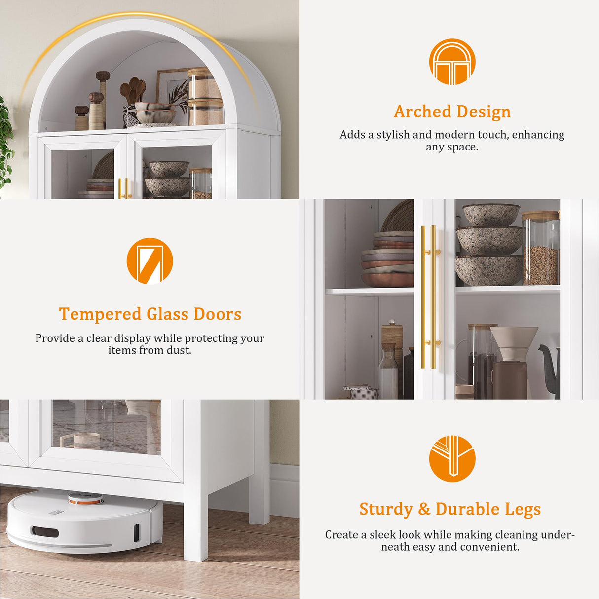 Dystler Arched Kitchen Pantry Cabinet with Glass Doors, Display Curio Case with 3 Color LED Lights for Collectibles, Modern 5-Tier Storage Hutch Cabinet, White Dystler