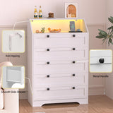 Wodeer 5 Drawer Dresser with Charging Station,LED Dresser for Bedroom,Chest of Drawers with Deep Drawers, Wood Dresser for Storage and Organization for Bedroom,Hallway,Living Room,White Wodeer