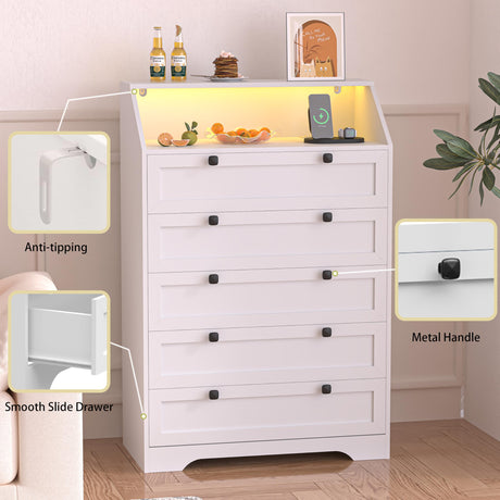 Wodeer White Dresser Tall 5 Drawer Dresser for Bedroom, Wood Chest of Drawers with LED Lights, Charging Station, Metal Handles, Modern Storage Cabinet and Organizer Drawers for Living Room, Hallway Wodeer