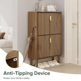 Smuxee Shoe Cabinet with 2 Flip Drawers, 23.6" Walnut Hidden Shoe Storage Cabinet with Line Groove Design, Freestanding Shoe Organizer Cabinet for Entryway, Hallway, Living Room Smuxee