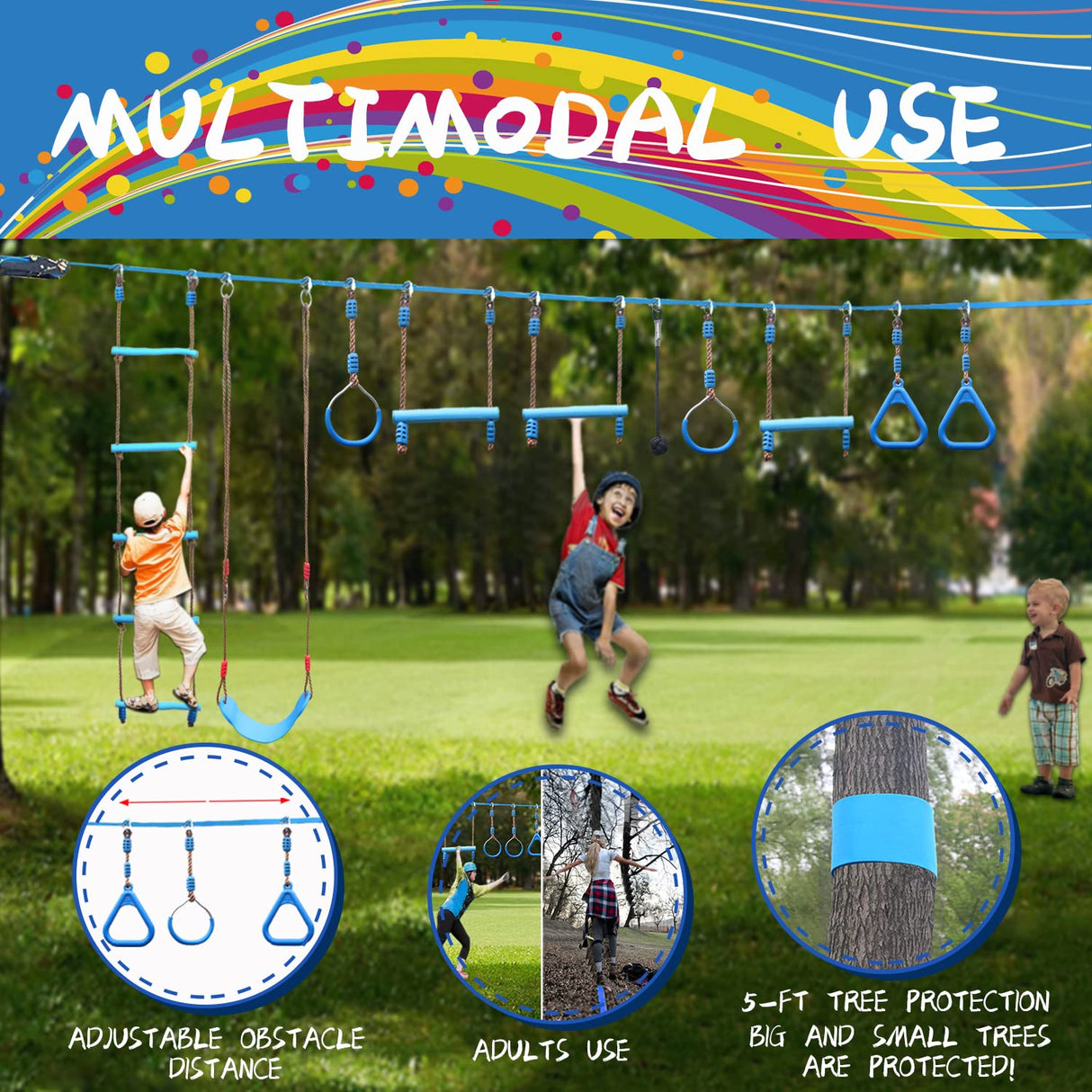 VOKSAFE Ninja Warrior Obstacle Course for Kids - Ninja Backyard Obstacle Course - 50' Weatherproof Outdoor Ninja Course Set with 10 Obstacles, Like Ladder, Swing VOKSAFE