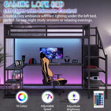Duxelifin Queen Size Loft Bedwith Desk, Heavy-Duty Metal Loft Beds with Stairs & LED Lights, High Lofted Bed with Charging Station and Wardrobe, Gaming Loft Tall Bed for Boys Girls and Teens (Black) Duxelifin