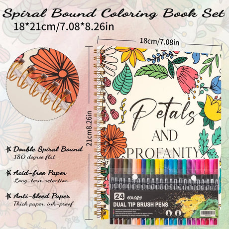 7×8.2in Adult Coloring Book Set for Relaxation, Spiral Bound Coloring Book for Women with 24 Colors Markers, Mindfulness Stress Relief 32 Patterns for Adults, Teens, Gift Prudiut