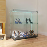 Yoluckea 2 Tiers Glass Display Cabinet with Bluetooth LED Light Strip, 2 Doors Floor Standing Curio Cabinet with Universal Wheel for Home, Black Glass Bookshelf for Collections, Clear Top Yoluckea