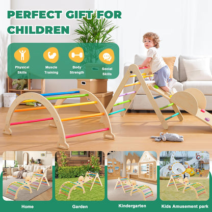 7-in-1 Pikler Triangle Set - Wooden Toddler Climbing Toys, Indoor Playground with Ramp for Sliding or Climbing, Jungle Gyms for Toddlers, Montessori Climbing Set-Medium